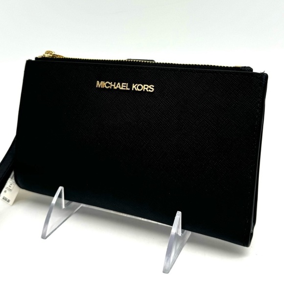 Michael Kors Large Double Zip Wallet Black/Gold - Picture 1 of 7